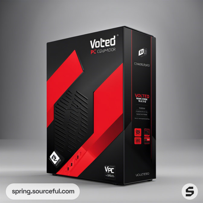 Black and red computer packaging with geometric design elements.