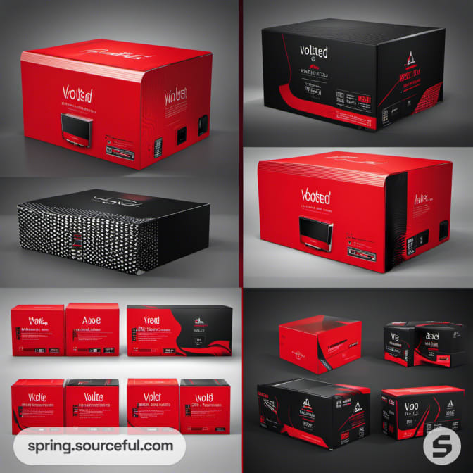 Array of red and black computer package designs on display.