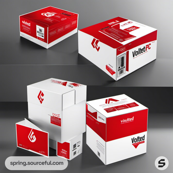 White and red computer packaging in stackable boxes.