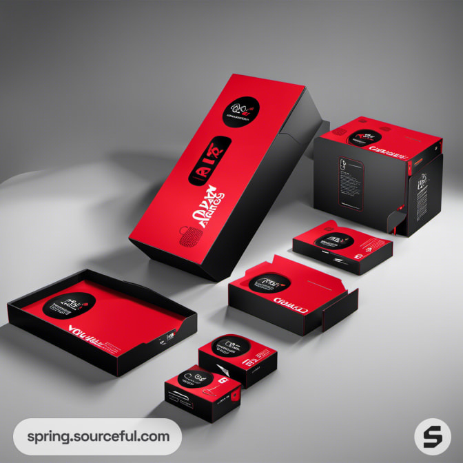 Black and red packaging with branded designs and multiple boxes.