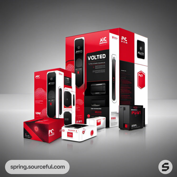 Various sizes of black and red Volted PC packaging.