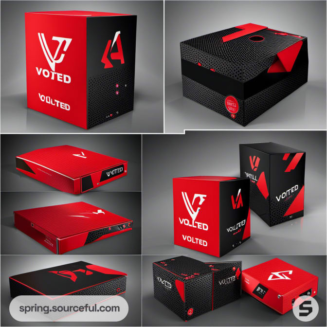 Collection of black and red Voted PC packaging designs.