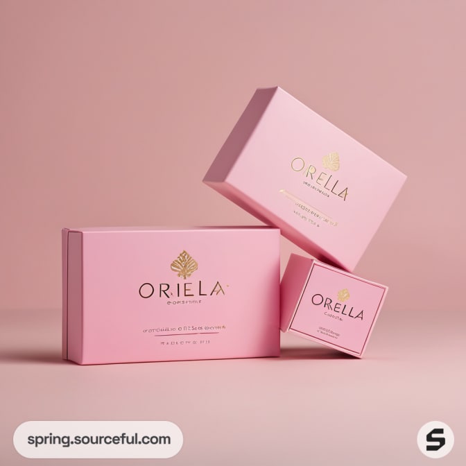 Pink feminine packaging boxes with elegant gold text on light pink background.