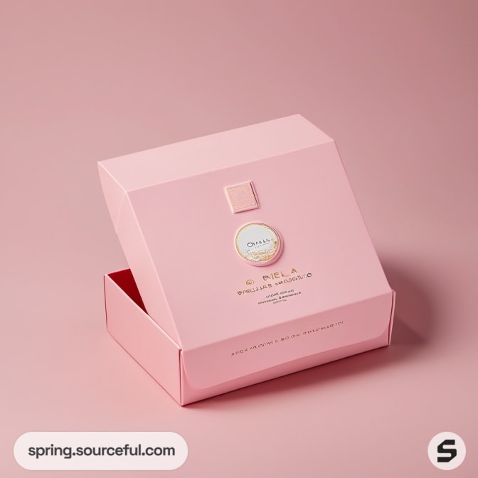 Opened pink box with a subtle logo on a soft pink surface.