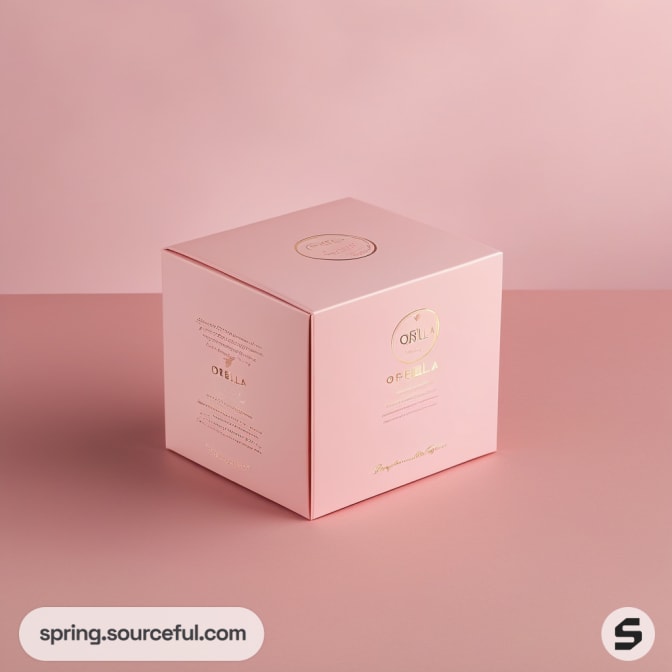 Square pink box with gold text and a soft pink background.