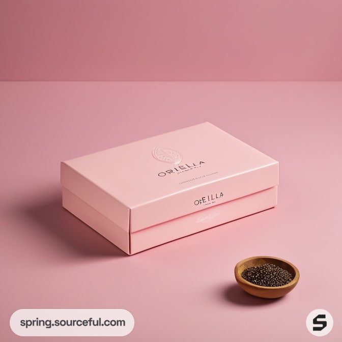 Pink box with delicate logo next to a small bowl on a pink surface.