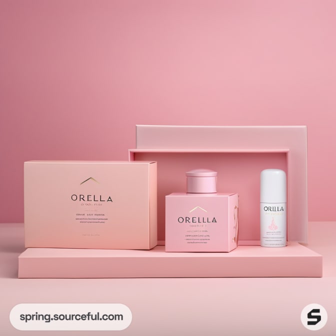 Pink boxed set with square and cylindrical products on a pink background.