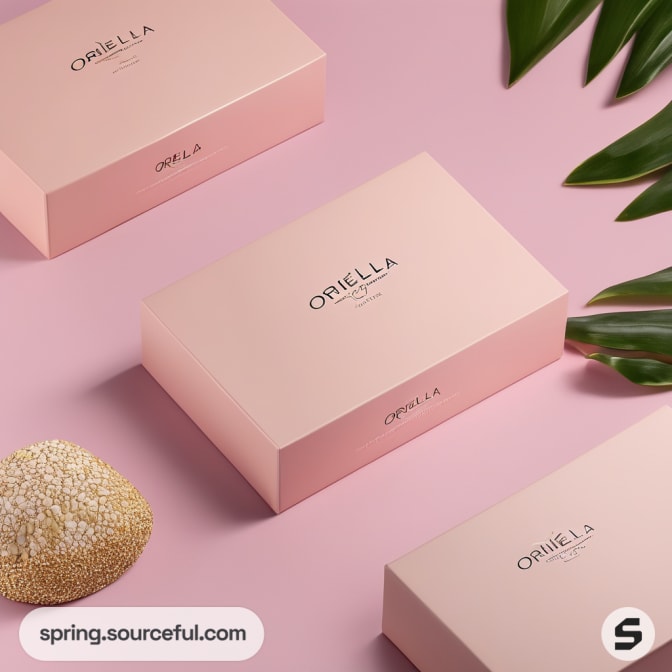 Pink rectangular boxes with gold text and green leaves nearby.