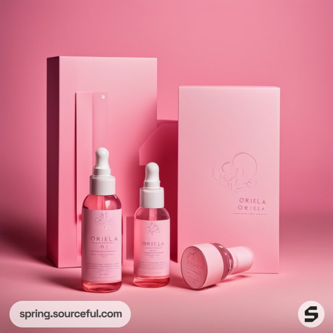 Tall pink box with bottles and droppers on a pink background.