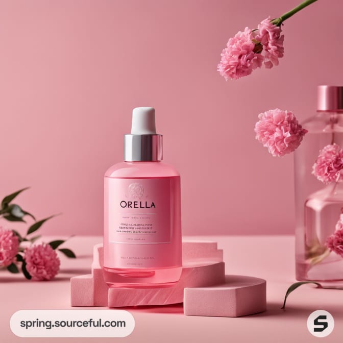 Pink bottle with white cap beside pink flowers on a pink background.