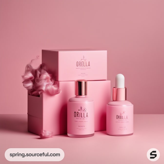 Two pink cosmetic bottles with boxes and cotton on a pink background.