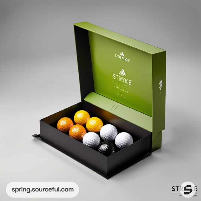 Open box with multicolored golf balls.