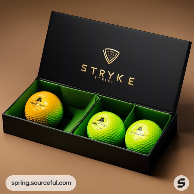 Black box with green and yellow golf balls.