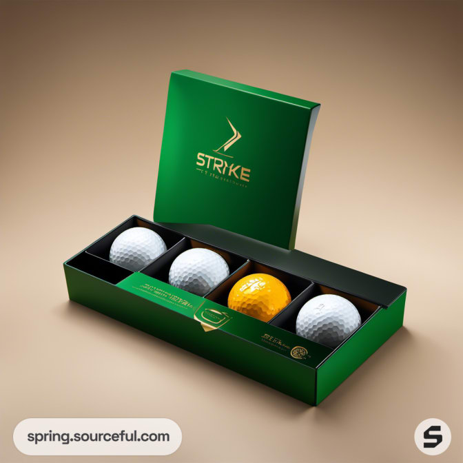 Green box with a set of white and yellow golf balls.