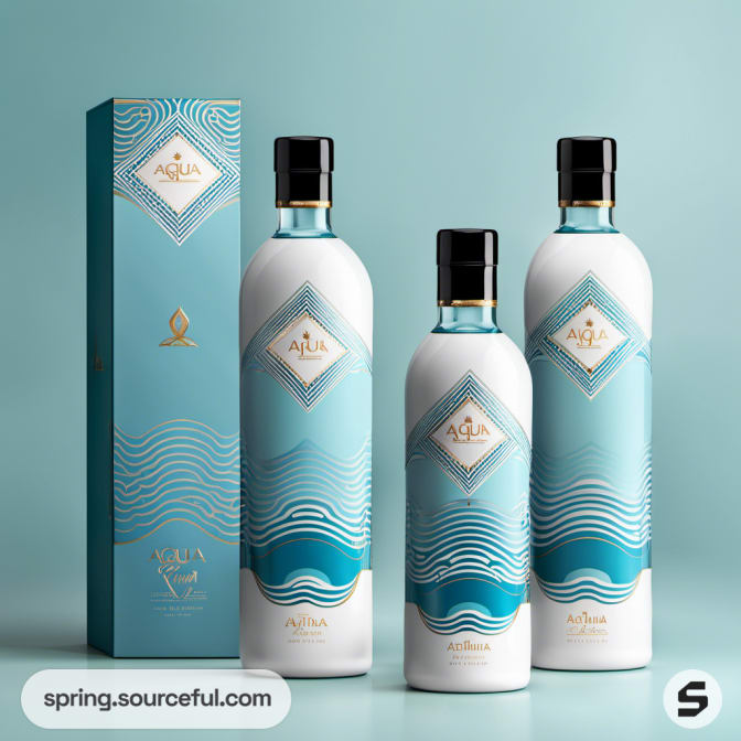 Elegant bottles with blue and white design next to a matching box.
