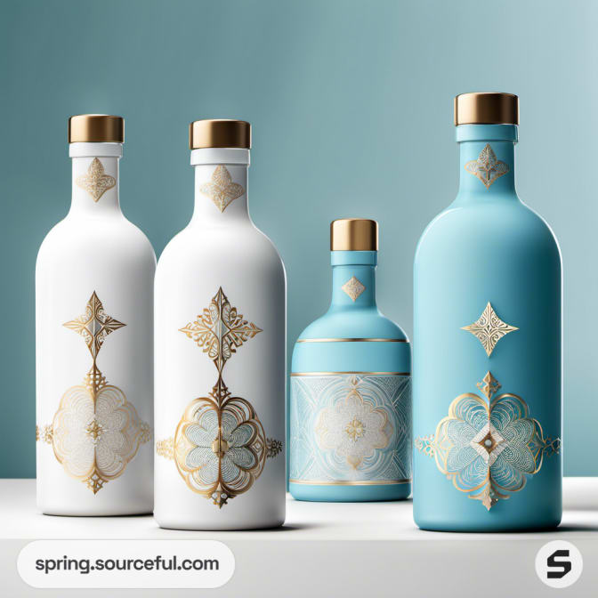 Ornate bottles with gold detailing on white and blue backgrounds.