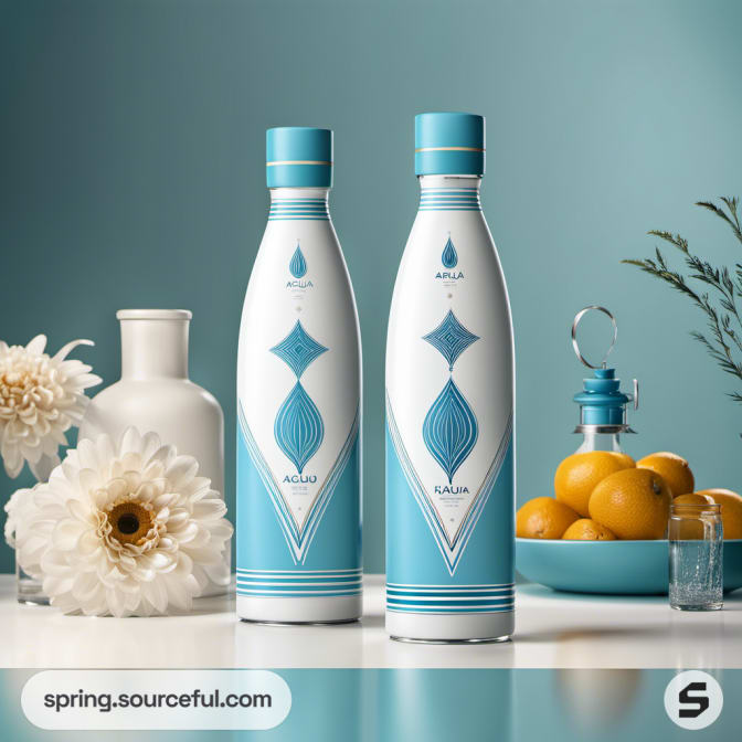 Two tall bottles with geometric patterns beside flowers and fruit.