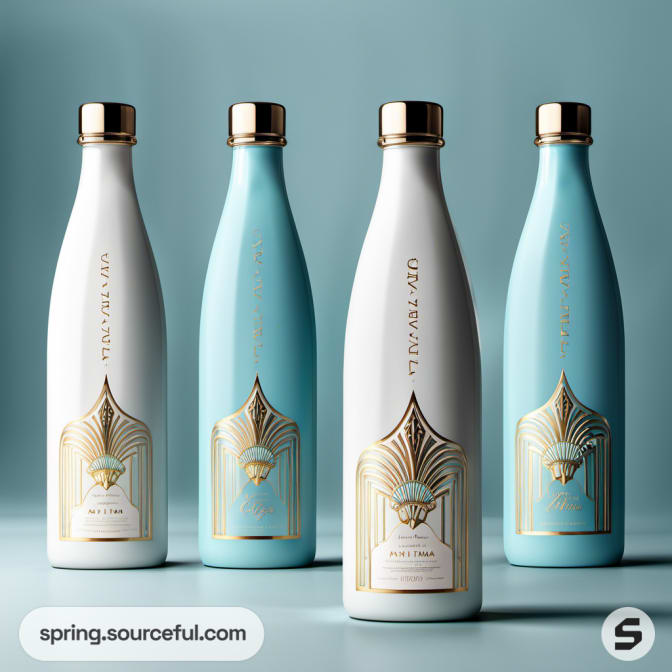 Four styled bottles with gold art deco designs on blue and white.