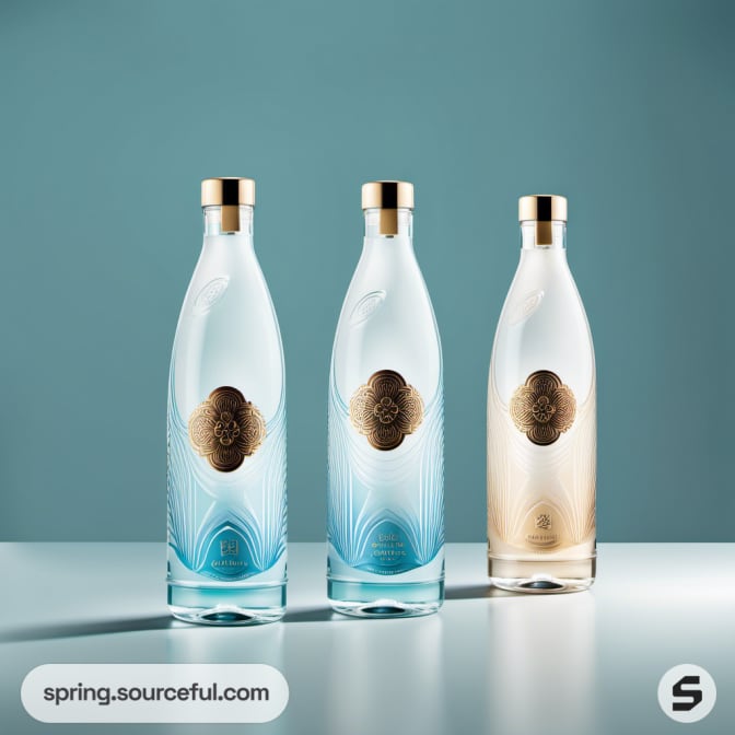 Three translucent bottles with gradient blue and beige tones.