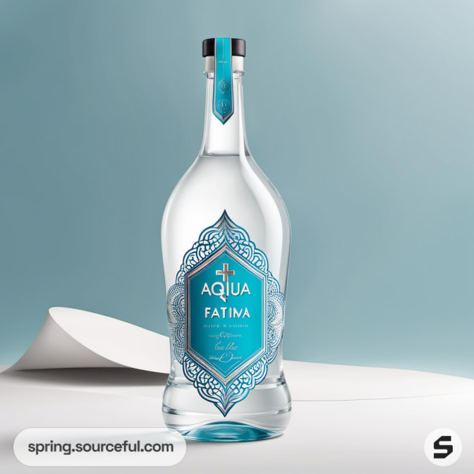 Clear bottle with intricate blue label and blue background.