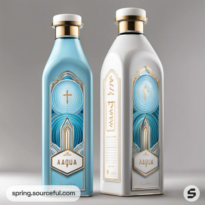 Two tall bottles with architectural designs in white and blue.