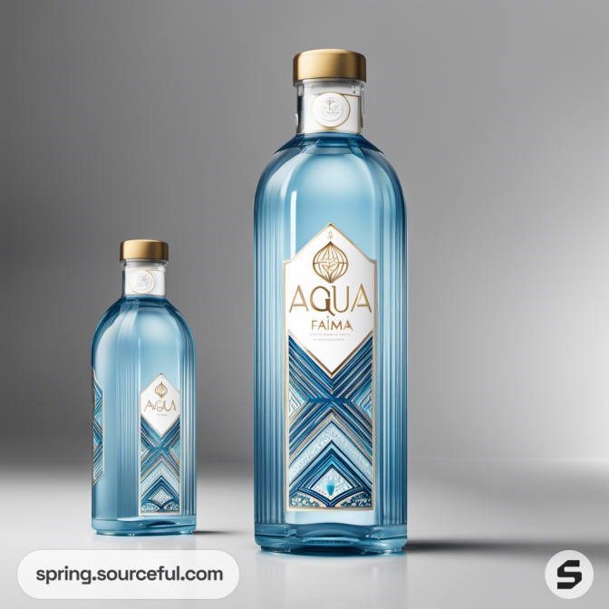 Smaller and larger blue bottles with gold details and patterns.