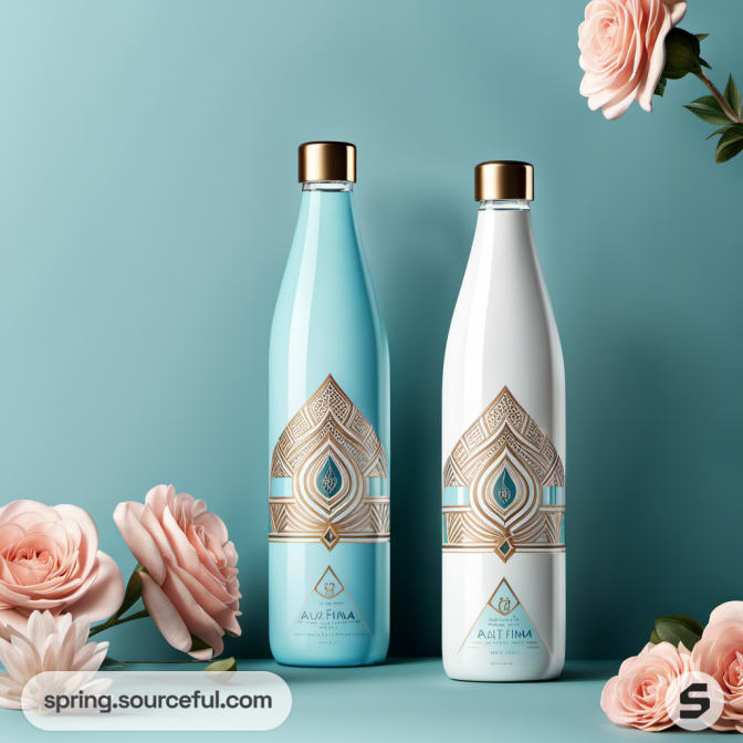 Blue and white bottles with gold accents amidst pink flowers.