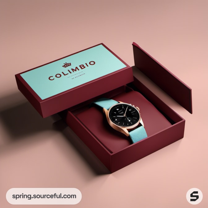 Watch in red box with teal lid, black dial, teal strap.
