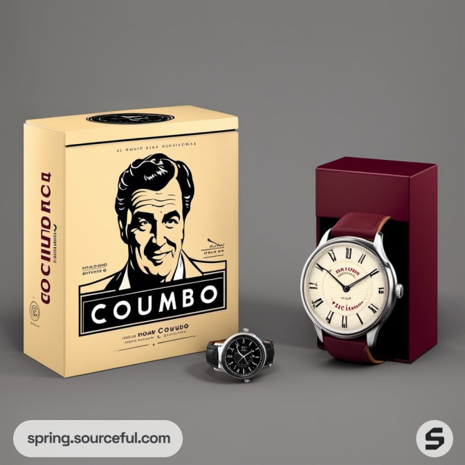 Retro-themed watch box, vintage illustration, beige and burgundy.
