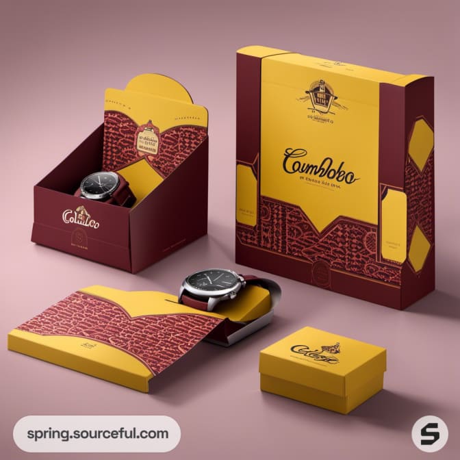 Luxury watch display with burgundy and yellow packaging.