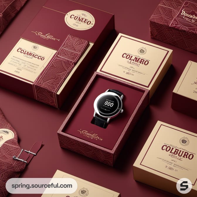 Elegant watch in burgundy and beige packaging.