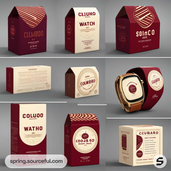 Diverse watch box designs, burgundy and beige theme, smartwatch included.