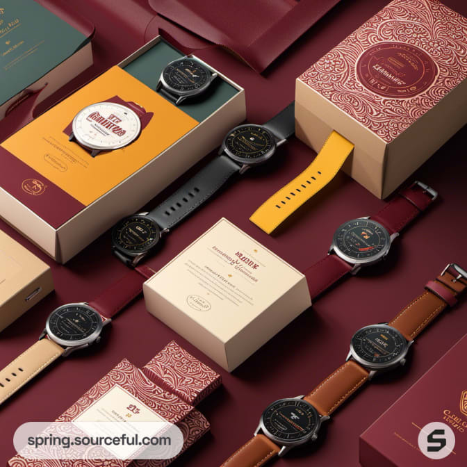 Collection of watches with straps, burgundy and beige boxes.