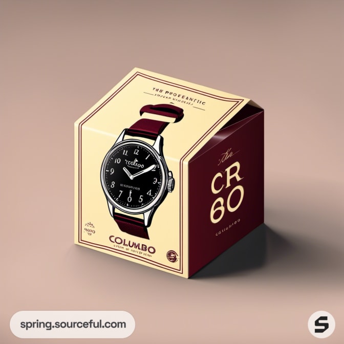 Square box with black watch, vintage-style packaging.
