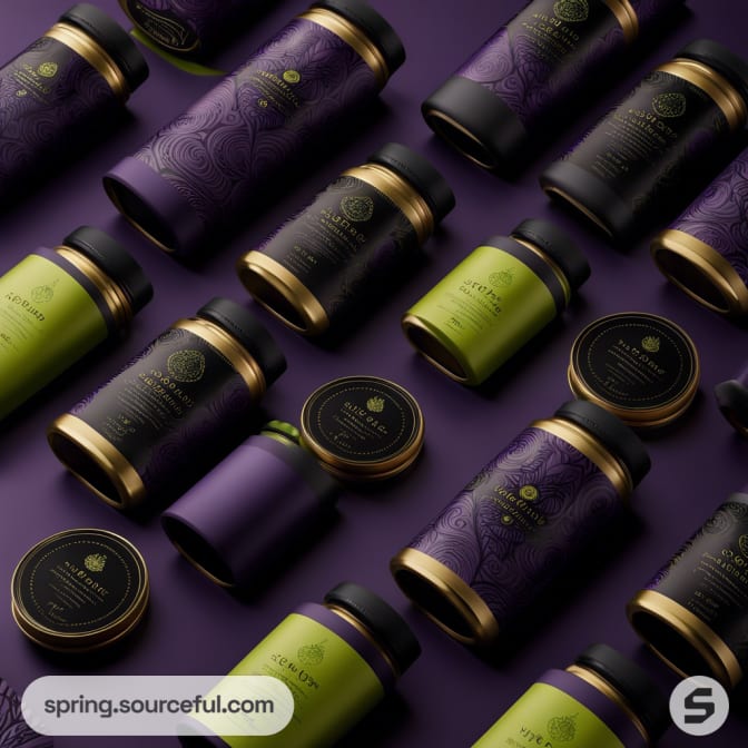 Assorted black and green cylindrical packaging on purple background.