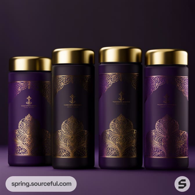 Purple and gold ornate thermos bottles with intricate patterns on a dark background.