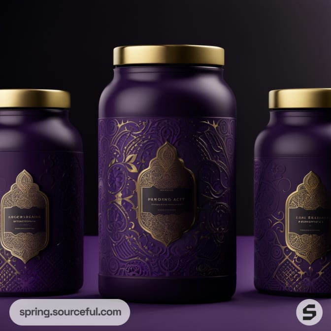 Purple containers with gold lids and ornate labels on a dark background.