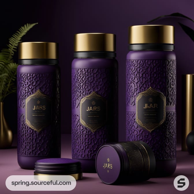 Purple bottles with gold lids and textured surface, featuring a central black label with ornate design, set against a dark background.