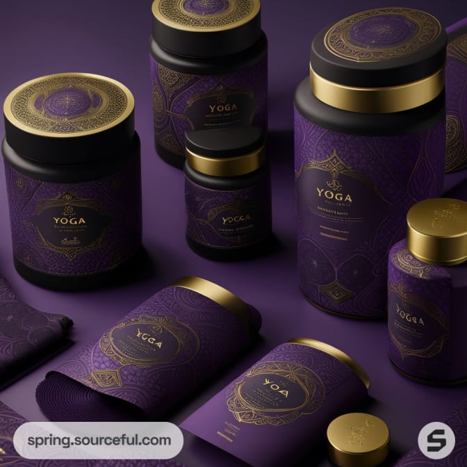 Luxurious purple and gold yoga-themed packaging with jars, bottles, and packets against a purple background.