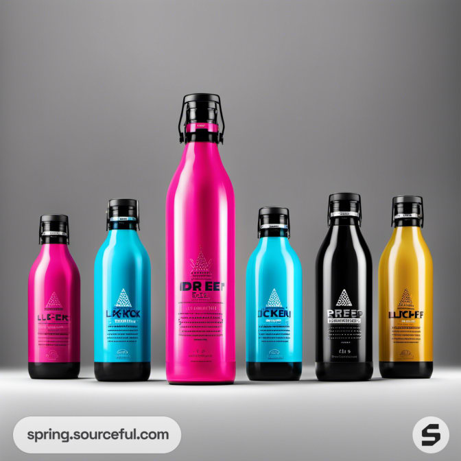 Vibrant colored bottles with unique designs on a gray background.