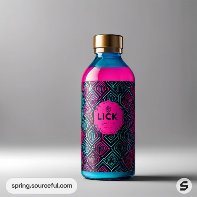 Single bottle with geometric pink and blue pattern on gray background.