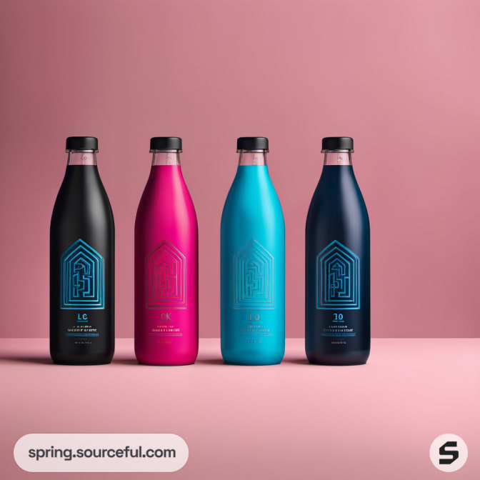 Four colorful bottles aligned on a pink surface.