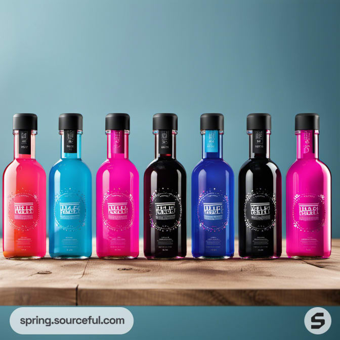 Seven colorful bottles with black caps on wooden surface.