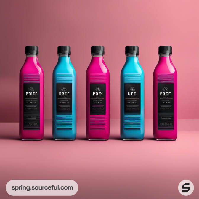 Five vibrant bottles with black labels on a pink surface.