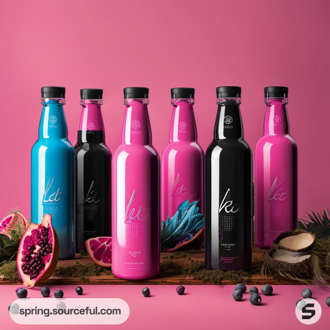 Six colorful bottles with pink fruits and leaves on pink background.