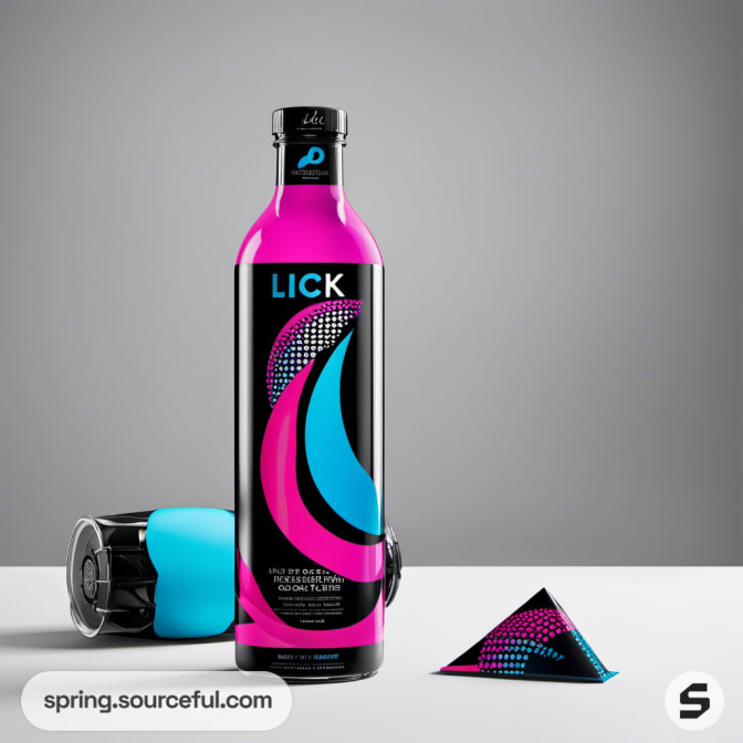 Bottle with bold black and pink design on a gray surface.