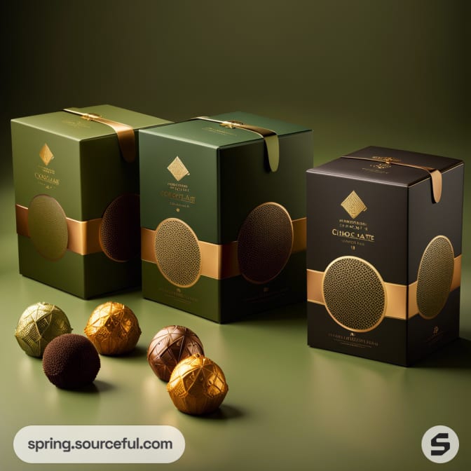 Elegant green and black chocolate boxes with gold accents, featuring spherical chocolates on green surface.