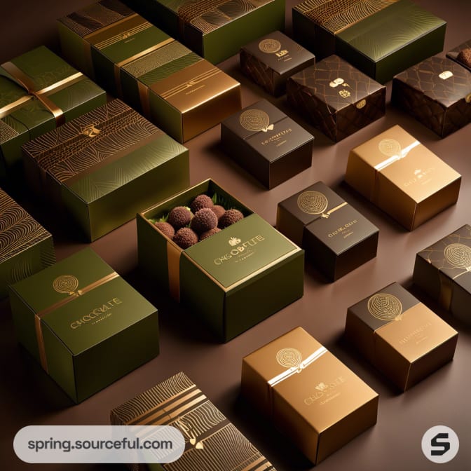 Assorted green and gold chocolate boxes with elegant geometric patterns on a brown surface.