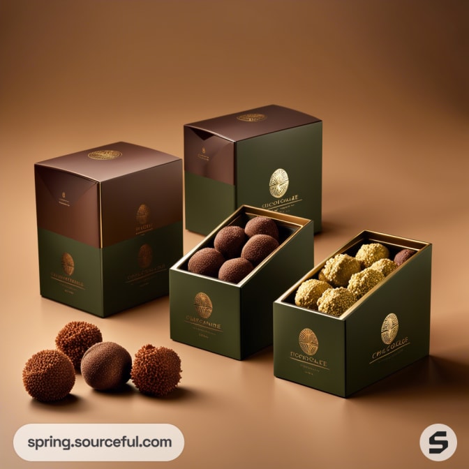 Three green and brown gift boxes filled with assorted chocolate truffles on a brown background.