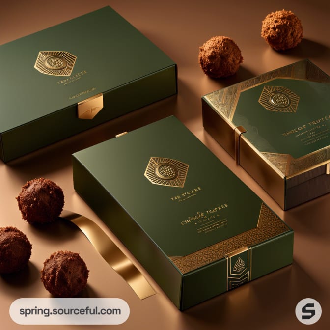 Green and gold chocolate truffle boxes with ribbon, surrounded by truffles on a brown background.